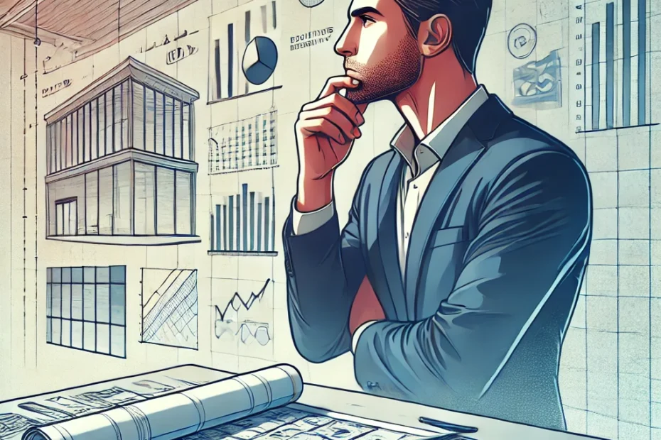 Hombre pensativo planificando campañas en una mesa con planos y documentos financieros