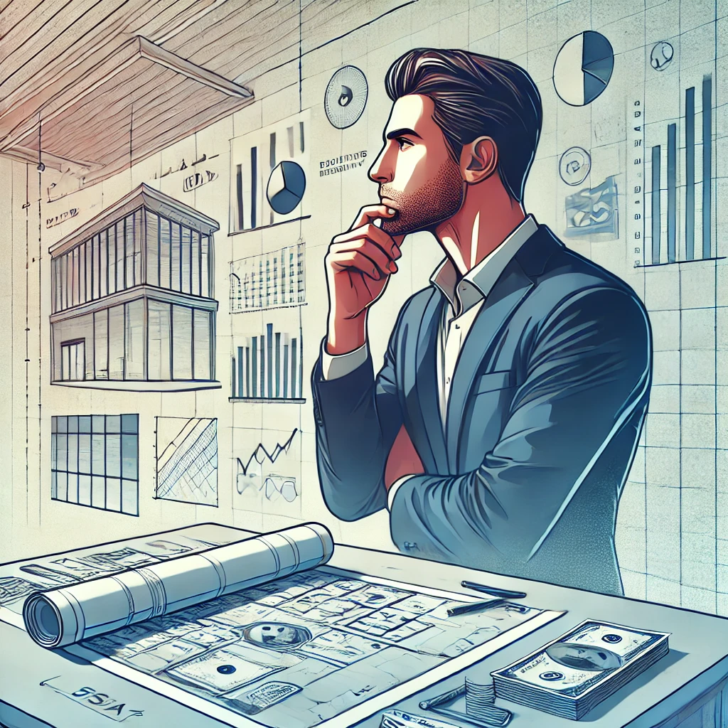 Hombre pensativo planificando campañas en una mesa con planos y documentos financieros